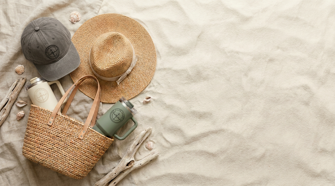 Coastal accessories — straw hat, linen tote, and small essentials on driftwood