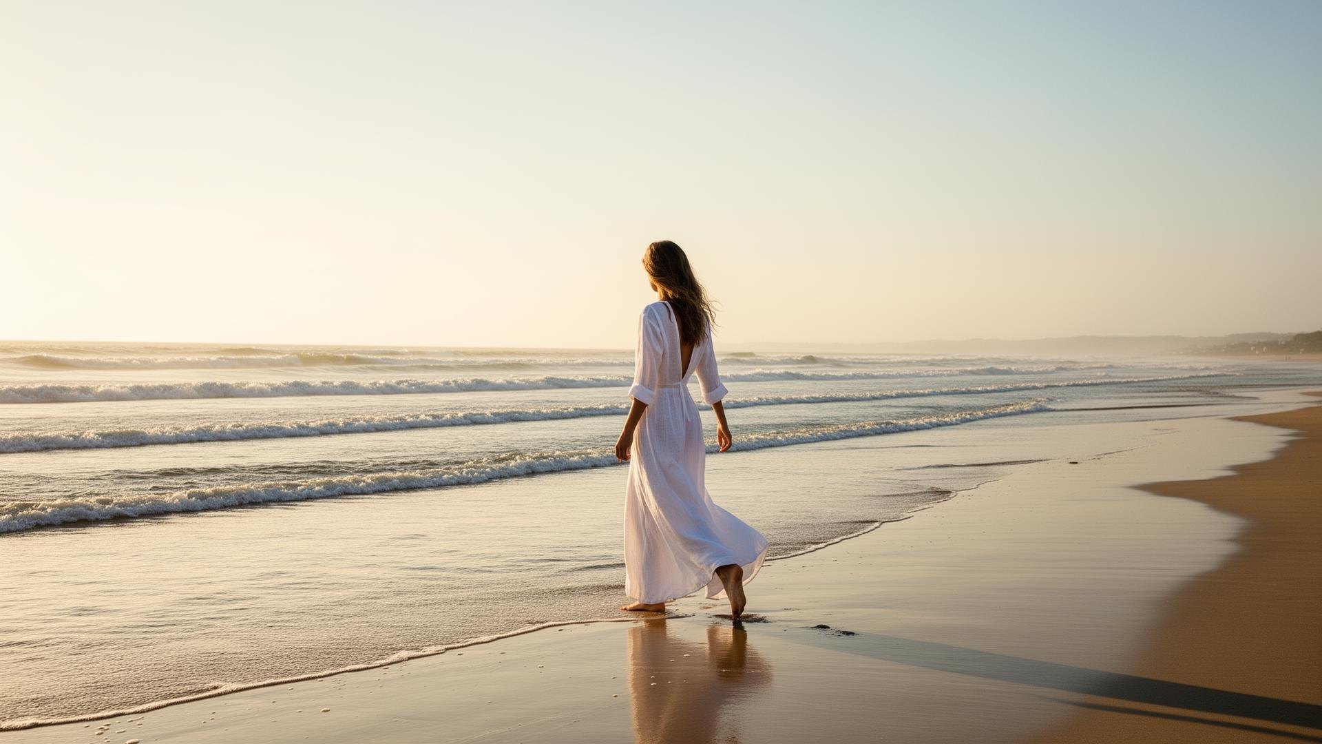 Woman in flowing linen walking on a sunlit coastline