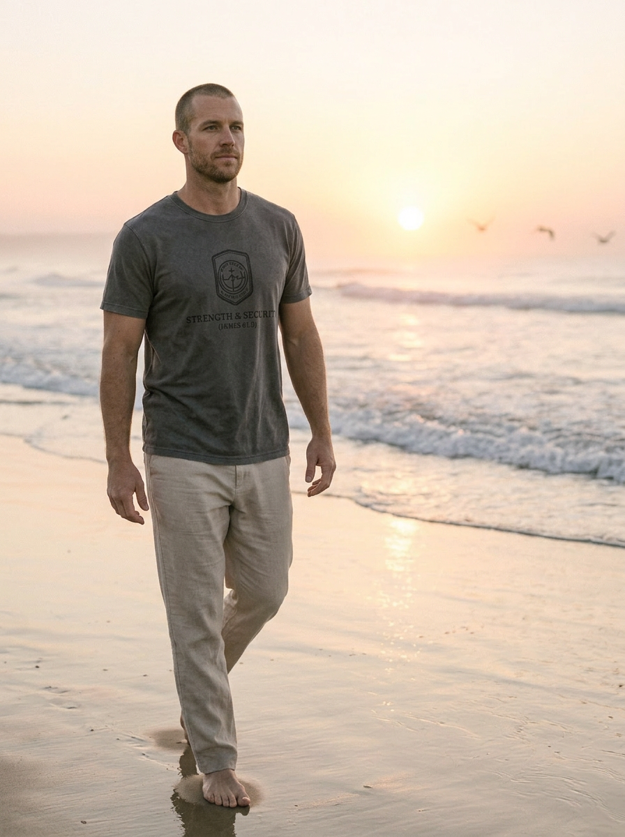 Man in earthy linen on a quiet coastal shoreline