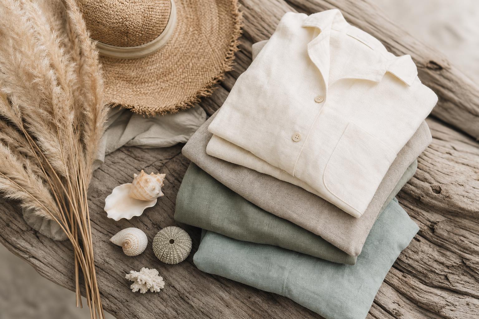 Selah Sands collection flat lay with linen clothing and coastal accents